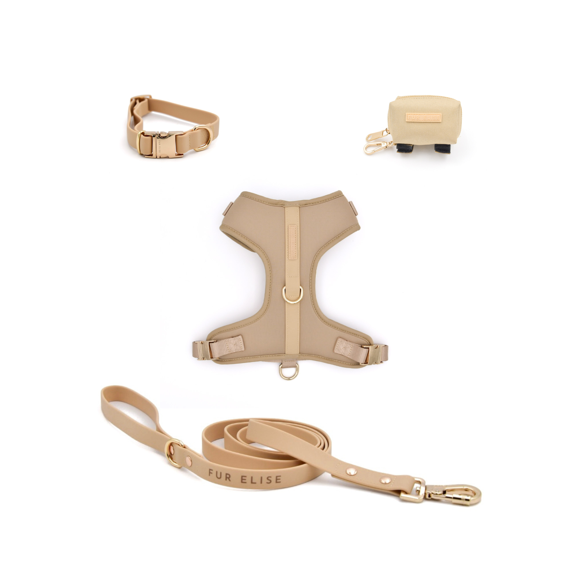 PetWell Essentials Dog Walk Set – Collar, Harness, Leash & Poo Pouch | Sand