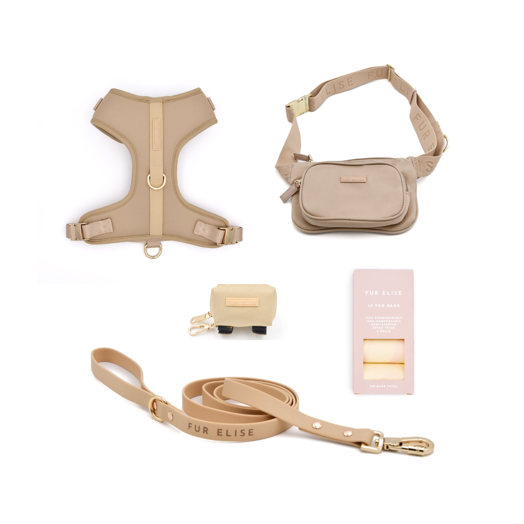 PetWell Essentials Dog Walk Set – Collar, Harness, Leash & Poo Pouch | Sand