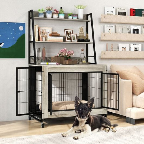 Industrial Dog Kennel Dog Crate Furniture with Storage Shelves-Rustic Brown
