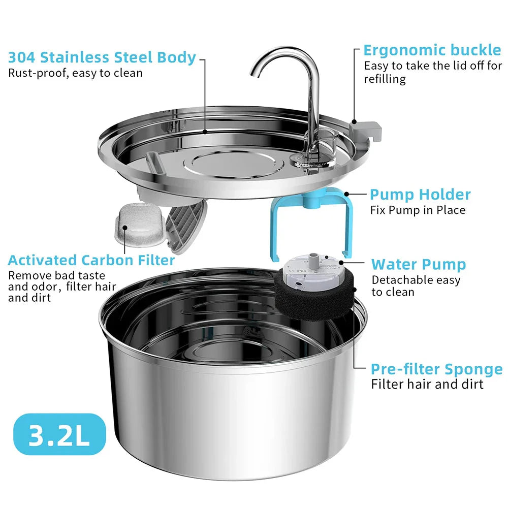 PetWell Stainless Steel Pet Water Fountain – USB Automatic, Ultra-Quiet | Cats & Small Dogs