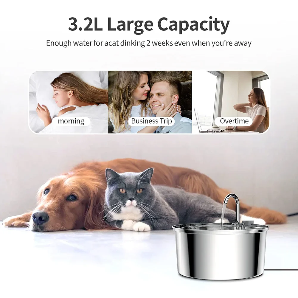 PetWell Stainless Steel Pet Water Fountain – USB Automatic, Ultra-Quiet | Cats & Small Dogs