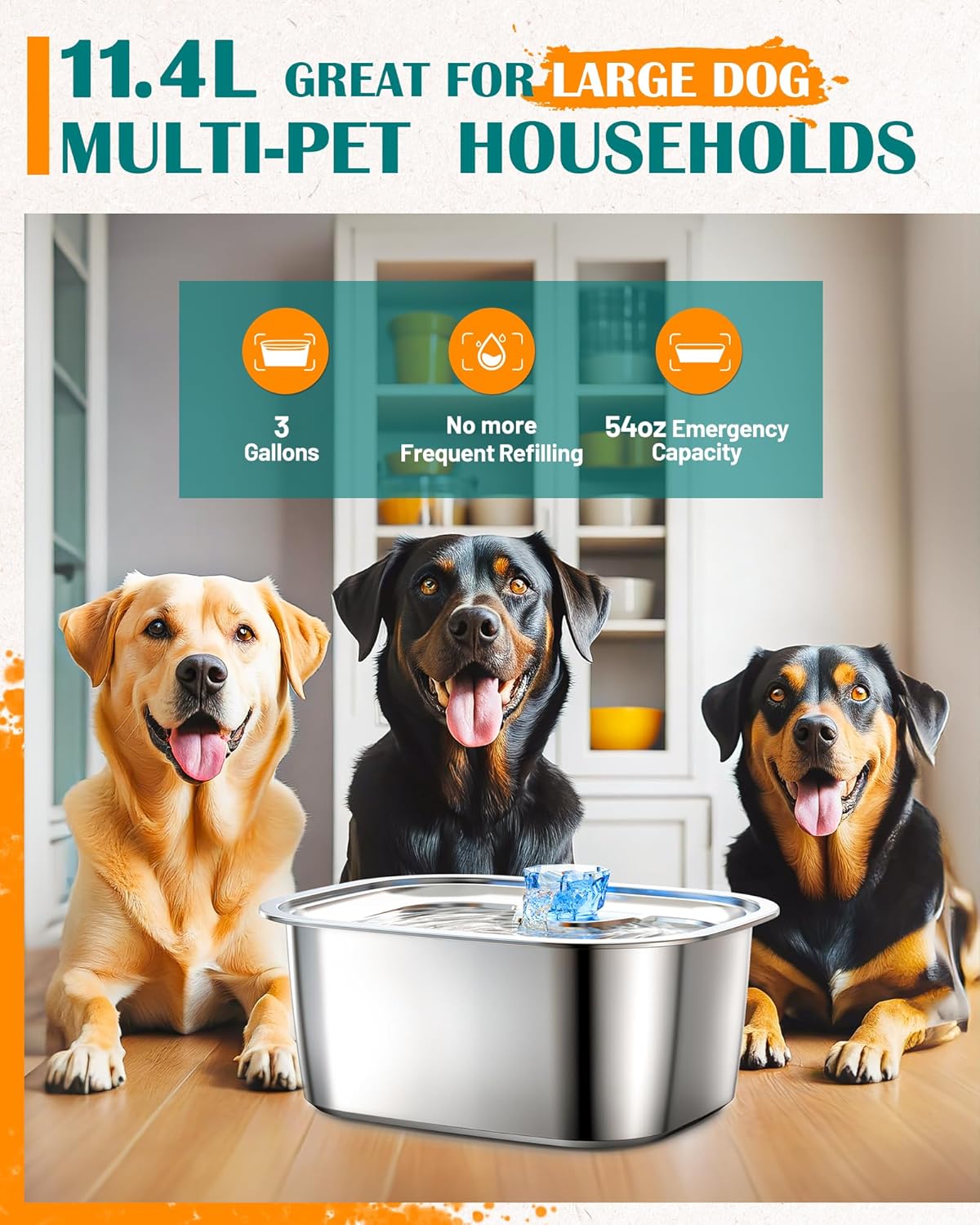 PetWell 3-Gallon Stainless Steel Dog Water Fountain – 7-Layer Filter, Low-Noise | Large Dogs & Multi-Pet Homes